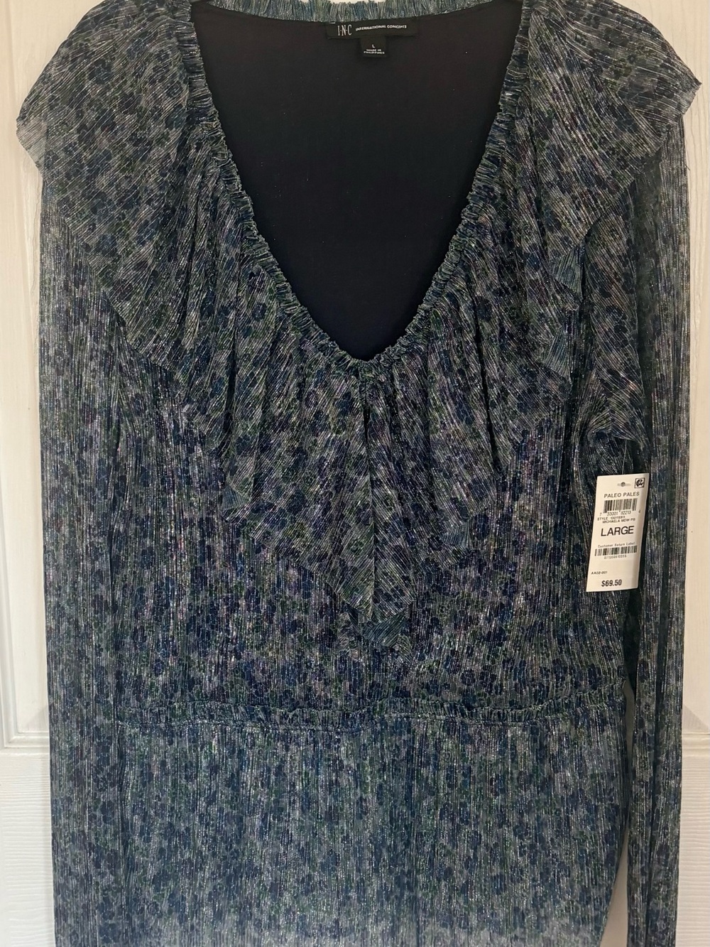 INC International Concepts Blue Green Printed Ruffle-Trim Dress